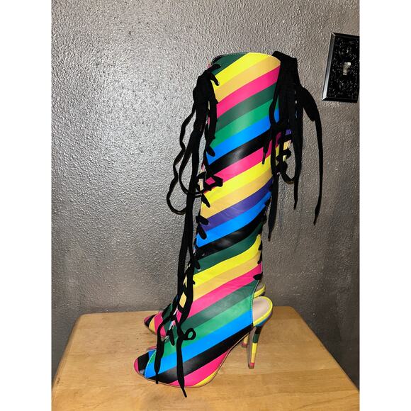 FSJ Rainbow Multicolor Stripes Peep Toe Knee High Lace Up Stiletto Heel Boots - Picture 7 of 12
